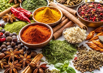 Fototapeta premium Seasoning Herbs and Spices on White Background - Culinary Photography