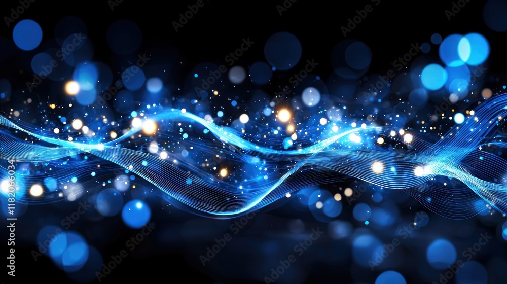 Poster dynamic blue waves and light particles abstract art digital visuals dark background conceptual