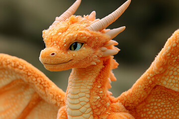 Close-up of a charming orange dragon figurine with intricate details, set against a blurred background