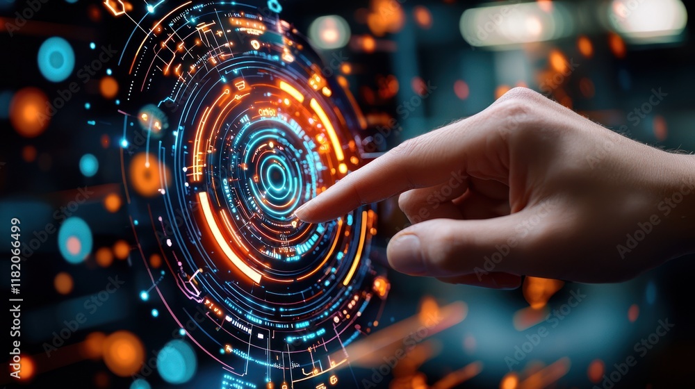 Poster interactive technology display digital interface infographic modern workspace close-up viewpoint