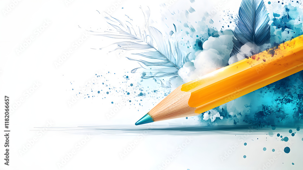 Poster flat design vector illustration of a yellow pencil creating a fantastic image with creative graphic 