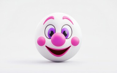 3D Emoji-style clown face with a pink nose, purple eyes, and a neutral expression, simple and minimalist design, flat shading, white isolated background 