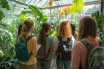 A field trip to a botanical garden, with students examining various plant species and taking guided tours. A living green space for botanical research