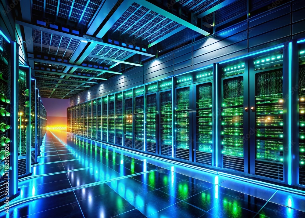 Poster secure ai data center at night - cyber security network protection