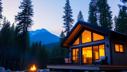 Fototapeta premium Cozy cabin in the woods, surrounded by towering trees and a serene mountain backdrop.