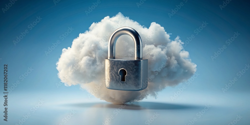 Poster secure cloud storage: padlock protecting digital data in the cloud - stock photo