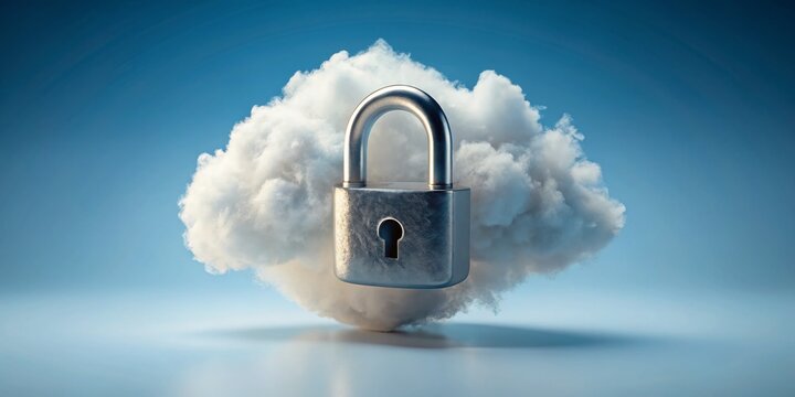 Secure Cloud Storage: Padlock Protecting Digital Data in the Cloud - Stock Photo