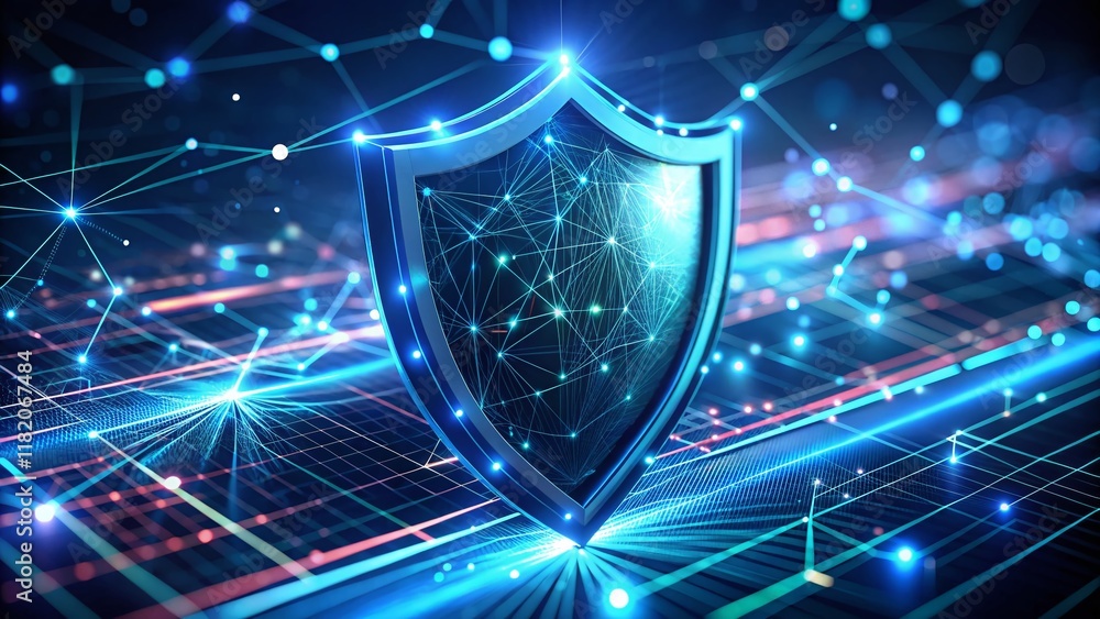 Aufkleber secure data protection: 3d rendered cybersecurity shield protecting digital information