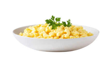 Freshly Cooked Scrambled Eggs Garnished with Green Herbs in a Modern White Bowl on a Clean Surface Ideal for Breakfast and Culinary Presentation
