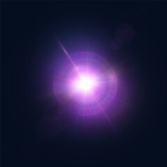 Abstract purple glow. Bright explosion of light flickering rays on dark background. Luxury style for design and vector illustrations.