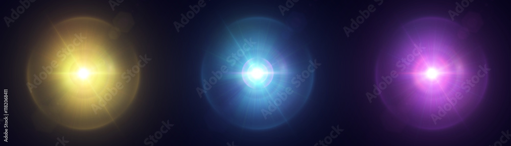 Poster Abstract set of colorful light effects, shimmering bright glare reflections of light lens. For graphic design and game interfaces.
