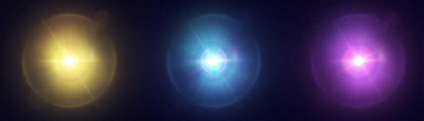 Abstract set of colorful light effects, shimmering bright glare reflections of light lens. For graphic design and game interfaces.