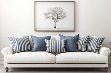 Fototapeta premium A cozy living room displays a white couch adorned with blue striped and solid pillows. Above, a simple tree artwork adds elegance to the airy atmosphere, creating a tranquil space.