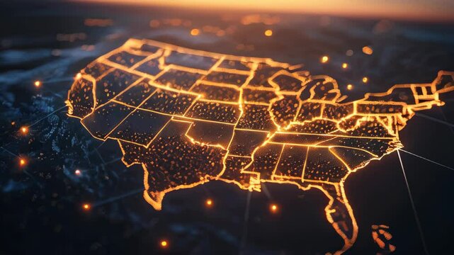 Brightly illuminated map of the United States showcasing connectivity and technology