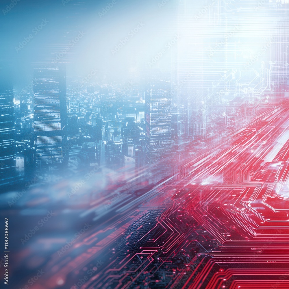 Poster a futuristic cityscape illuminated by digital circuit patterns, blending technology with urban life,