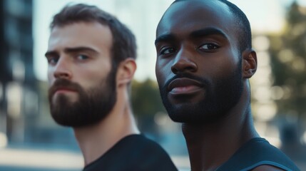 Candid portrait of two athletic male runners in urban environment showcasing diverse race and muscular build against blurred city backdrop in soft daylight.