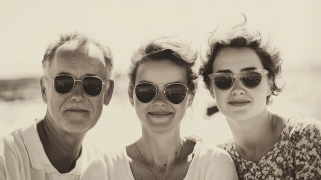 Three Generational Family Portrait at Beach with Sunglasses in Monochrome Shades Against Soft Ocean Background, Summer Vibes and Joyful Memories