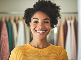 Fototapeta premium Joyful woman smiling in cozy space personal portrait indoor warm atmosphere close-up vibe
