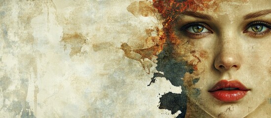 Portrait of a woman with striking blue eyes and red hair blended with abstract painting textures, featuring warm earth tones and soft grunge elements.