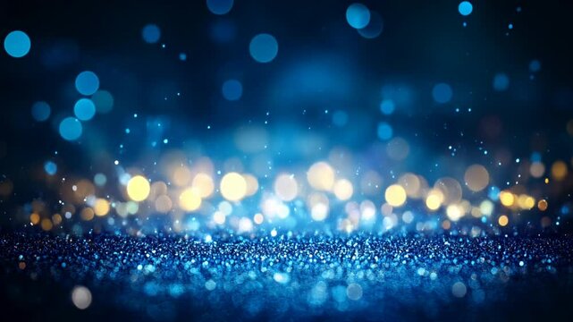 Part&iacute;culas brillantes y luces bokeh en un fondo oscuro m&aacute;gico, con tonos azules y dorados ideales para temas festivos, de fantas&iacute;a o ensue&ntilde;o.
