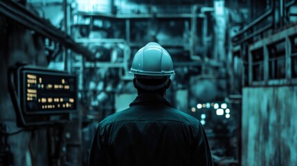 Industrial engineer in white safety helmet surveying machinery setup in dimly lit factory, focusing on security systems with blue tones.