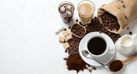 Obraz premium Cup of hot coffee and other ingredients over white background 