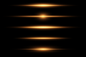 Laser golden rays, horizontal lines of light. Modern futuristic vector collection. Glowing stripes on dark background. Vector. EPS 10.