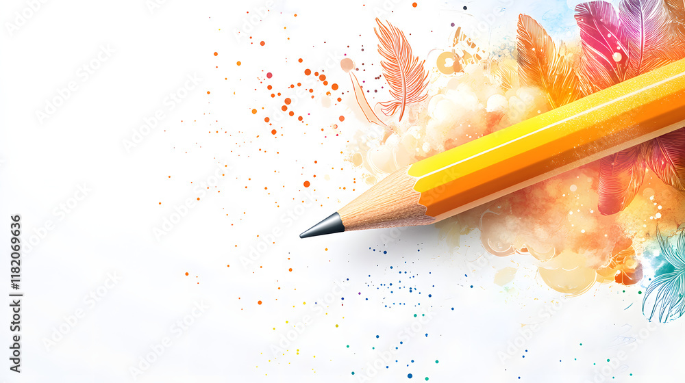 Poster flat design vector illustration of a yellow pencil creating a fantastic image with creative graphic 