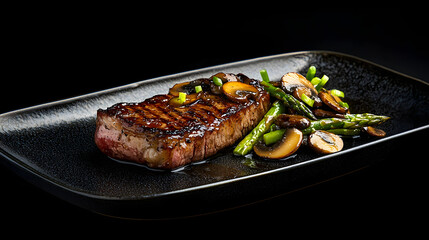 New York Strip Steak on Dark Slate Plate with Vegetables