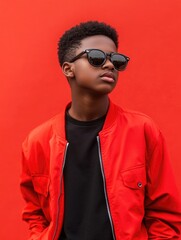 Fototapeta premium Stylish young African American teenage boy in a red bomber jacket and sunglasses against a vibrant red background, captured in a close-up portrait.