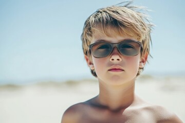 Summer portrait of stylish young boy wearing sunglasses on sunlit beach with soft sands and clear blue sky in background, outdoors, close-up shot.