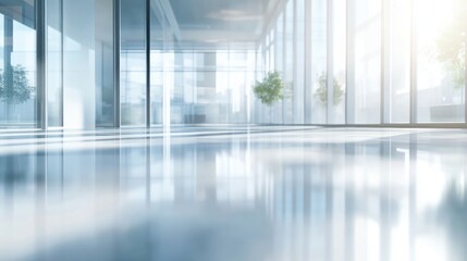 Obraz premium Bright modern office interior with glass walls and reflective floor, featuring soft sunlight filtering through, emphasizing teamwork and collaboration.