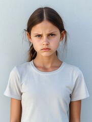 Serious 9 Year Old Girl in Light Grey T-Shirt Against Soft Blue Wall Emotion of Thoughtfulness and Determination with Large Empty Copy Space for Text