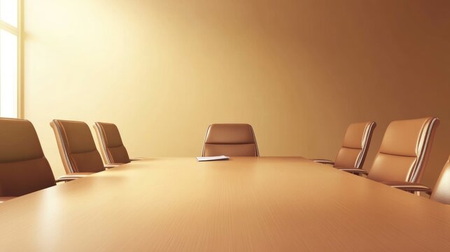Professional meeting room with brown leather chairs around wooden conference table, bright sunlight streaming through large windows, modern minimalist design.