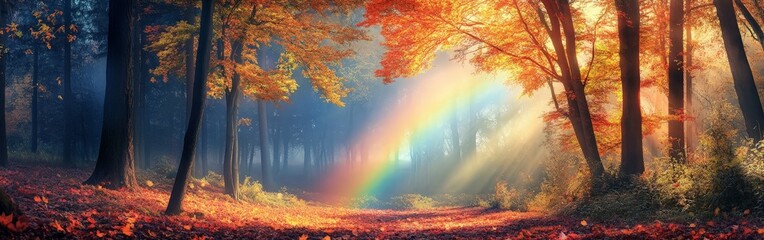 A vibrant rainbow shining over a park with scattered autumn leaves, representing the magical beauty of nature and positivity.