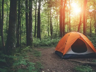 Family camping experience in lush green forest with orange tent illuminated by warm sunlight in a tranquil outdoor setting.