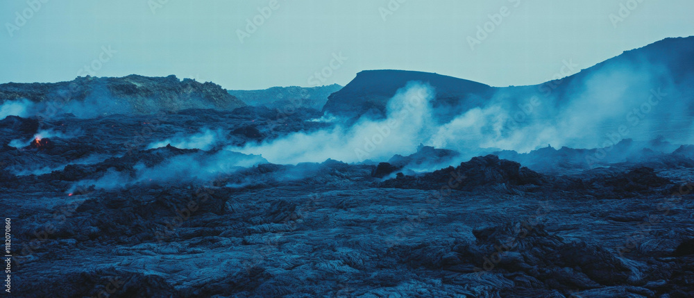 Poster lava fields with steaming vents showcase volcanic activity in a barren landscape