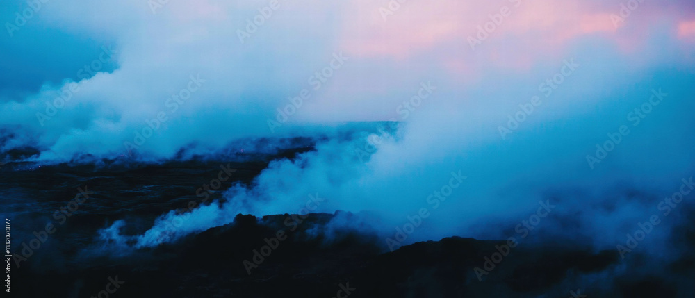 Poster barren lava fields with steam vents demonstrating active volcanic activity under twilight sky