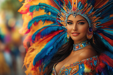 Fototapeta premium Portrait of pretty smiling woman in costume at Brazilian carnival party. Happy Brazilian woman parading at a carnival party. 