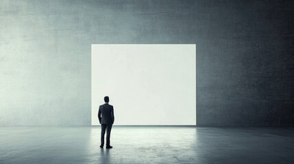 Businessman in suit standing in minimalist concrete room with large blank white canvas on wall representing creative thinking and strategy concept.