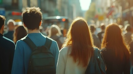 Crowd of people walking through a busy urban street in soft sunlight
