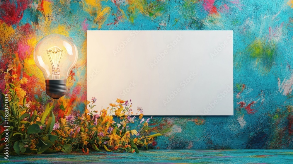 Poster vibrant creative workspace with blank canvas illuminated by a glowing lightbulb surrounded by colorf