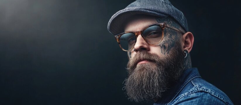 Stylish tattooed hipster man with a full beard and cap in a professional barber salon, showcasing trendy facial hair grooming. Dark background with moody lighting.