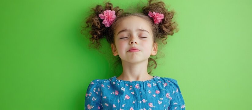Joyful eight-year-old girl with playful hairstyle in floral blue blouse, expressing whimsical emotions against vibrant green background with ample copyspace.