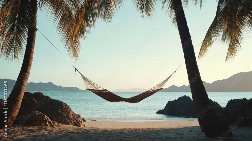 Poster Empty hammock swaying between two palm trees on a stunning tropical beach at sunset, creating an inviting atmosphere for a relaxing vacation getaway in paradise