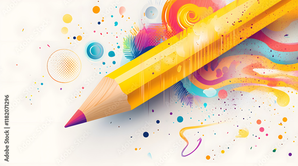Poster flat design vector illustration of a yellow pencil creating a fantastic image with creative graphic 
