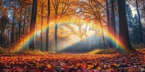 A vibrant rainbow shining over a park with scattered autumn leaves, representing the magical beauty of nature and positivity.