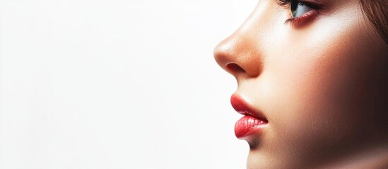 Profile view of a female face showcasing before and after plastic surgery nose enhancement with smooth skin and soft lighting on white background
