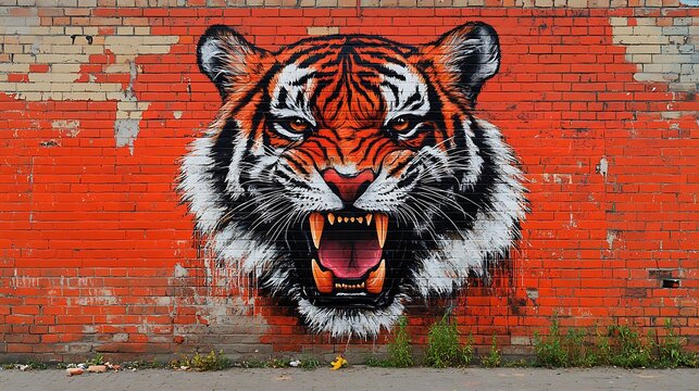 A fierce tiger mural painted on a brick wall