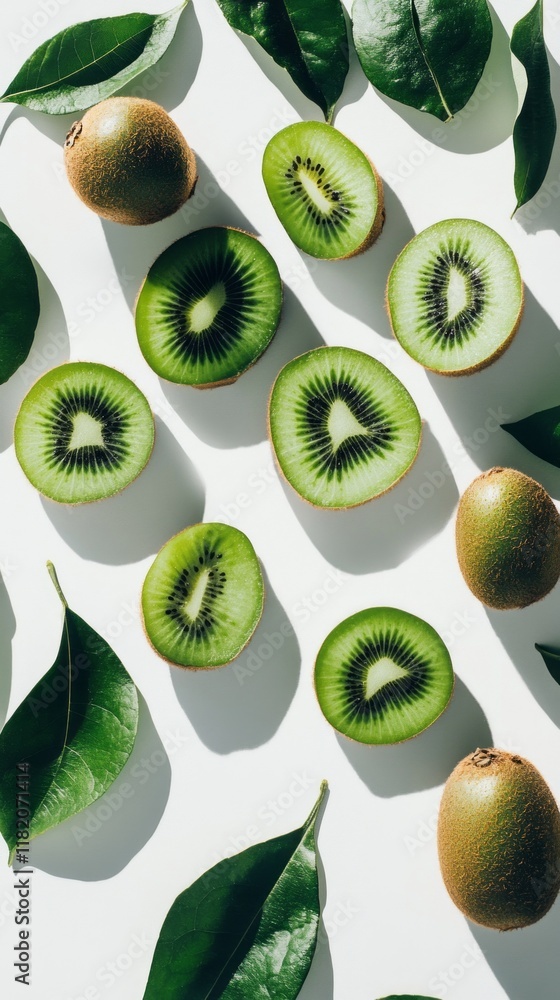 Poster fresh kiwi is sliced into beautiful rounds, revealing its vivid green interior adorned with unique p